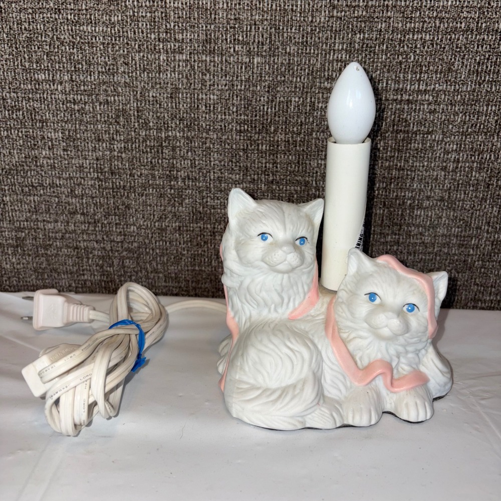 Vintage Ceramic Kitten Night Light Two White Cats Pink Bows Blue Eyes Lamp
